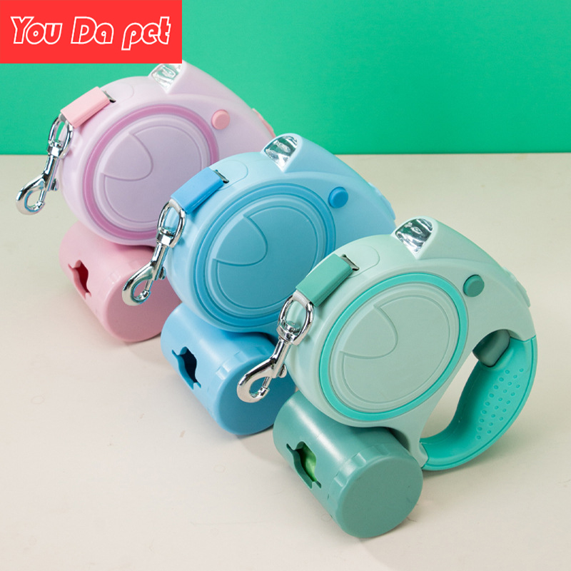 Laisse en nylon pour animaux de compagnie, 3M/5M, avec lumière Led, extension automatique de peau de chien, Durable, sac à merde multifonctionnel gratuit