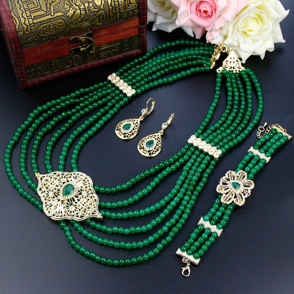 Sunspicems Algerien Marokko Braut Hochzeit Schmuck setzt Perle Perle Lange Halskette Armbinde Ohrring Gold Farbe Kaftan Schmuckstück