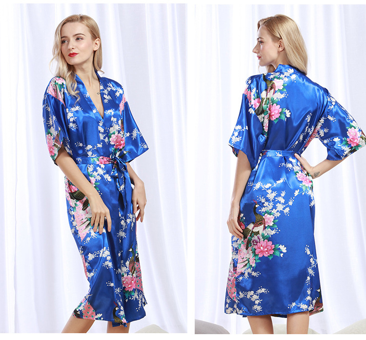 Peignoir kimono en satin pour femmes, vêtements de nuit longs, en élasthanne, motif imprimé paon floral, pour fête, mariage, demoiselle d'honneur: S / BLEU CIEL