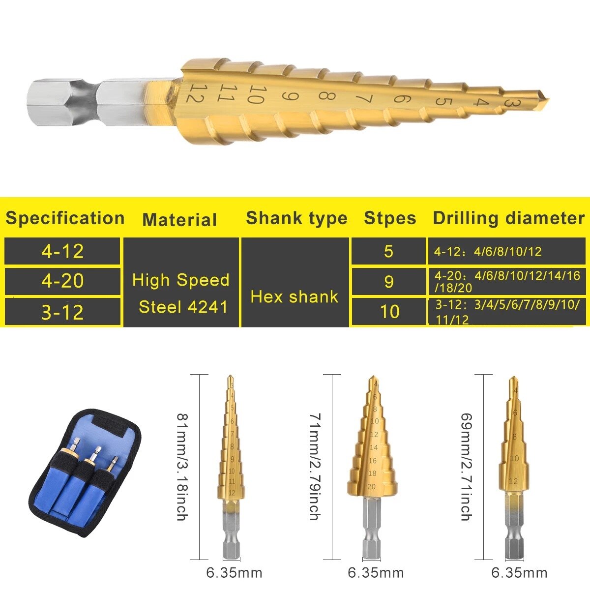 Stap Boor 3-12Mm 4-12Mm 4-20Mm 4-32Mm Hss rechte Groef Titanium Coated Hout Metaal Hole Cutter Boren Power Tools Set