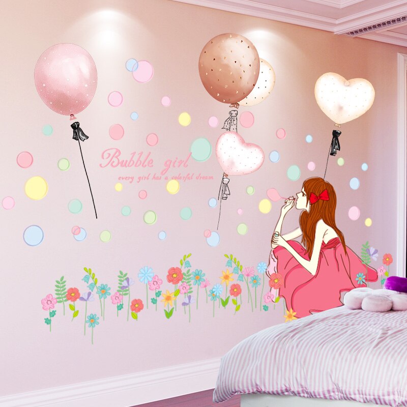 SHIJUEHEZI-pegatinas de pared de bailarinas para niña, globos de dibujos animados artesanales, calcomanías de pared para habitación de niños, dormitorio de bebé, Decoración de casa: balloons and girl 3