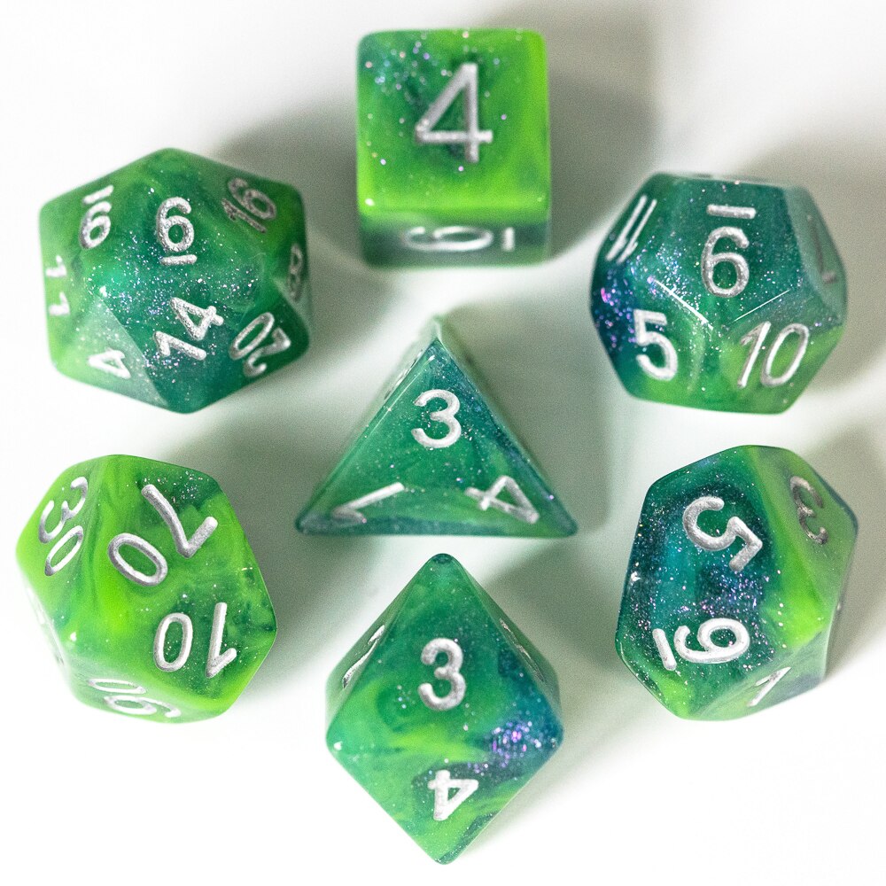 7 stk/sæt sparkle galaxy dnd terninger d&d terninger  d4 d6 d8 d10 d% d12 d20 polyedriske spil terninger sæt til bordspil mtg rpg: Bl05 blå grøn