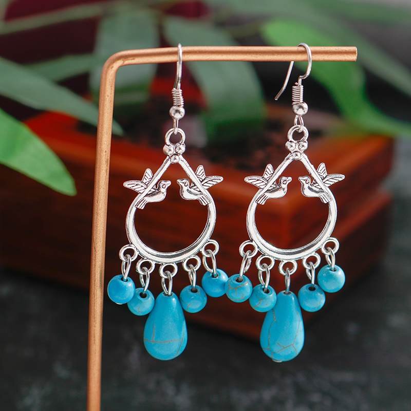 Orecchini pendenti etnici con pavone turchese per le donne Orecchini pendenti con animali in cristallo colore argento tibetano bohéaspetto Regalo di gioielli per ragazze