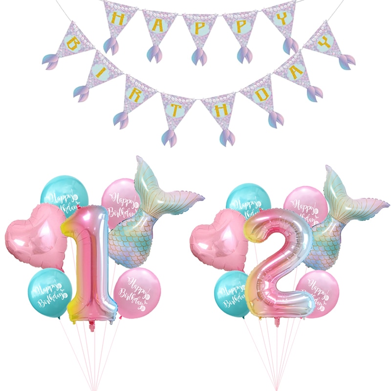 7pcs/lot Mermaid Party Balloons Number Foil Balloon Kids Birthday Party Decorations Baby Shower Decor Helium Globos supplies