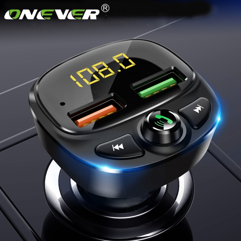 Onever Auto Fm-zender Bluetooth 5.0 Snel Opladen Auto Kit MP3 Speler QC3.0 Autolader Adapter Batterij Voltage Dubbele Usb