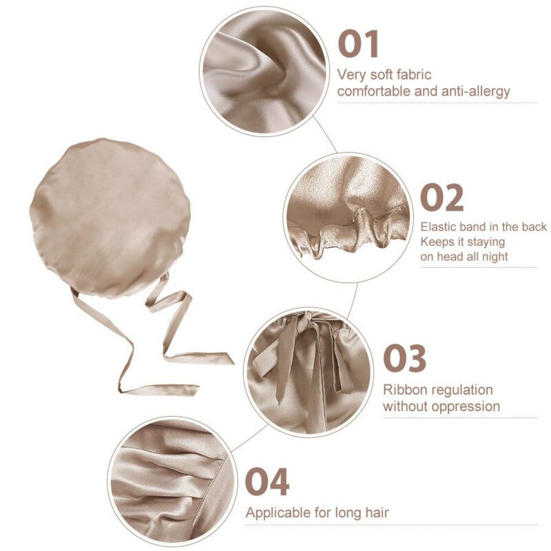 100% Mulberry Silk Night Sleep Cap Sleeping Hat 19 Momme Soft For Women Hair Beauty With Adjustable Elastic Ribbon: Taupe