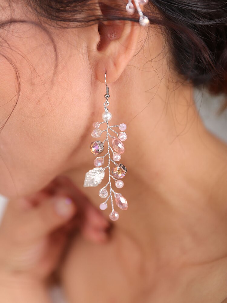 Diadème de mariée, boucles d'oreilles et bandeau en cristal Rose, serre-tête en or Rose et argent pour femmes, accessoires de mariage, décoration: earrings