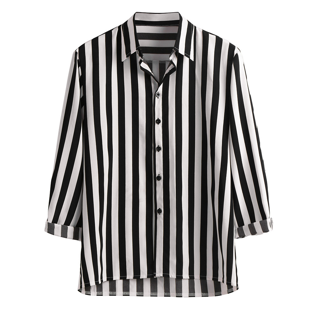 Camisas informales a rayas para hombre, ropa de calle, camisa negra de manga larga, de verano: Negro / M