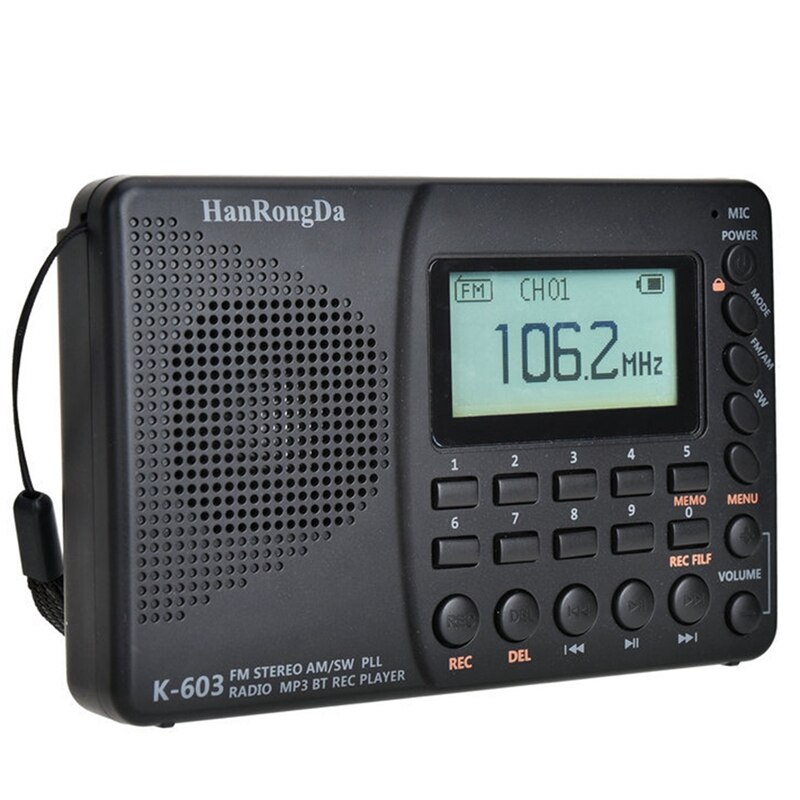 Hanrongda k -603 fuldbåndsradio bluetooth fm am sw bærbar lommeradio  mp3 digital rec optager understøtter micro-sd-kort