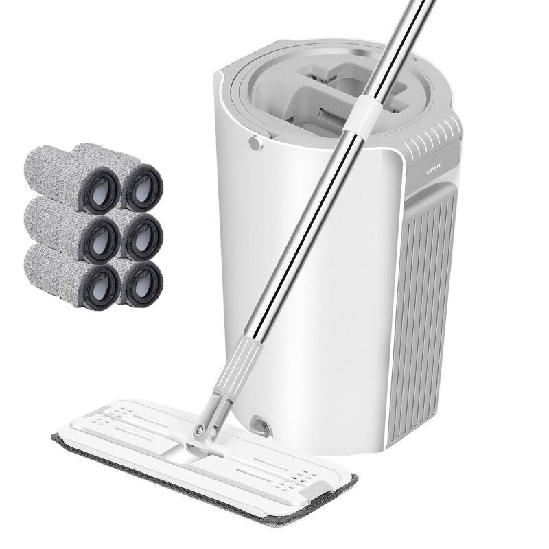 JOYMOOP Mop en emmer met wringerset, platte knijpdweil platte kop, stofdweilen voor wandreiniger met lange handgreep, handsfree microvezelzwabbers voor vloerreiniging - wit