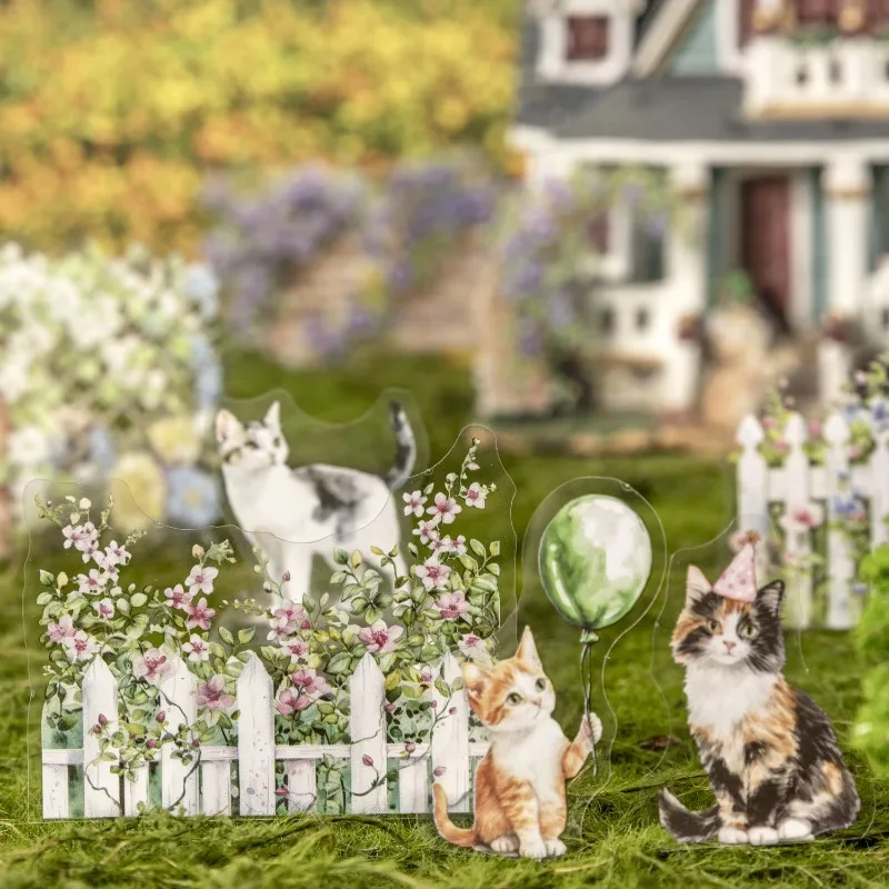 Paquet de 15 autocollants en PET chat violet dans l'arrière-cour, fournitures de clôture, aménagement paysager, clôture solaire chaude, papeterie Scrapbook 152x107mm