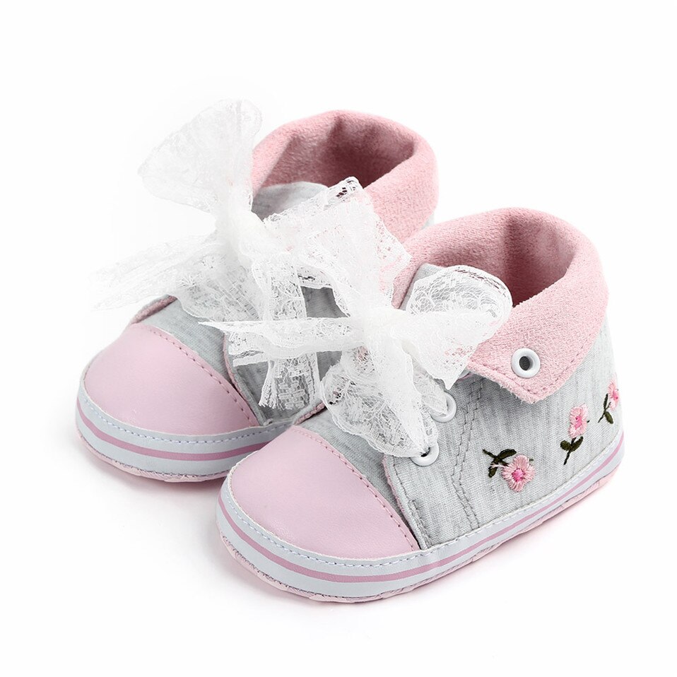 Bebê menina sapatos de renda branca floral bordado sapatos macios prewalker andando criança crianças sapatos primeiro walker frete grátis: Model 2-Gray / 0-6 meses