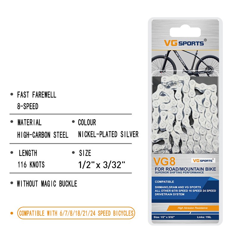 Bicycle Chain 8 9 10 11 Speed Nickel plated Colorful Silver Lightweight Mountain Road Bike MTB Chains Part 116 Links: 8 Speed