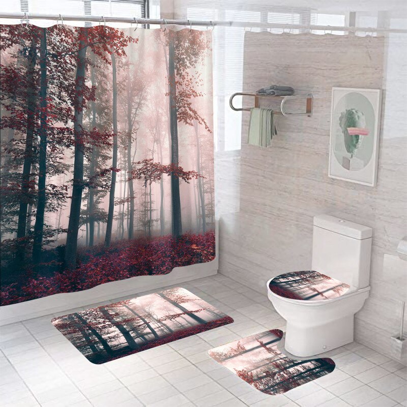 Decorazioni per il bagno Set di tende per doccia impermeabili coprisedile per wc tappetino da bagno antiscivolo tappeto tappeto poliestere lavabile: 4pc- Full Set