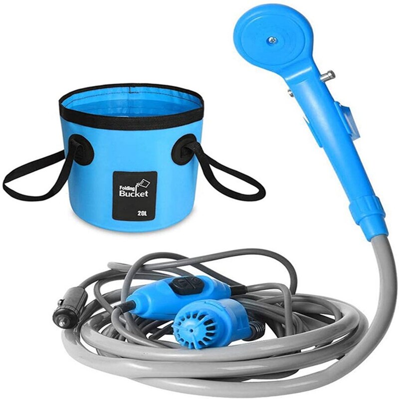 AU05 -12V Portable Car Washer Camping Shower High Pressure Car Shower Set Electric Pump Sprayer with Folding Bucket: Blue