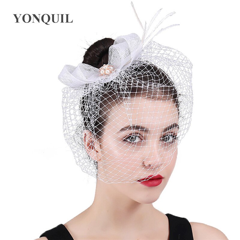 Sinamay-tocado de novia de malla para boda, sombrero con plumas, accesorios para el cabello, tocado de cena para mujer, pasador de pelo