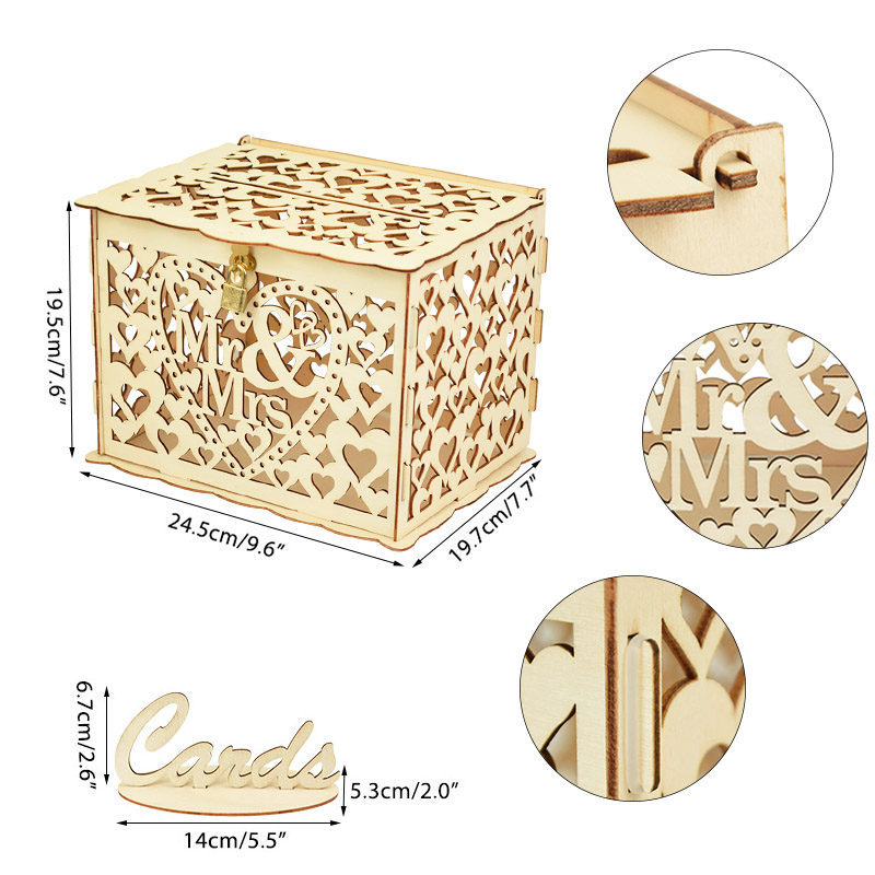 Wedding Card Boxes Hollow Mr &amp; Mrs Floral Pattern Envelope Wooden Box with Lock Wedding Party Favors DIY Decoration Supplie: W05