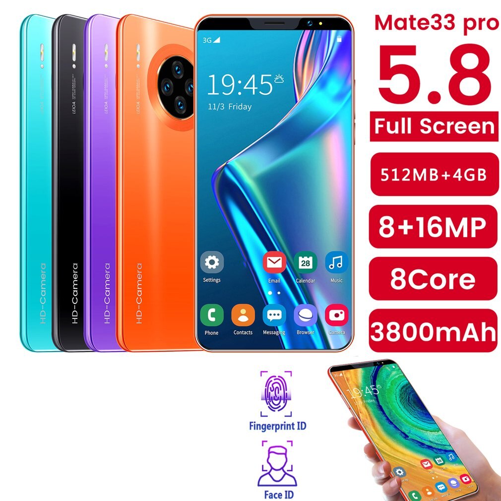 5.8 Inch Screen Mate33 Pro Smartphone with 512M+4GGB Large Memory Support Face/Fingerprint Unlock Dual SIM Mobile Phones