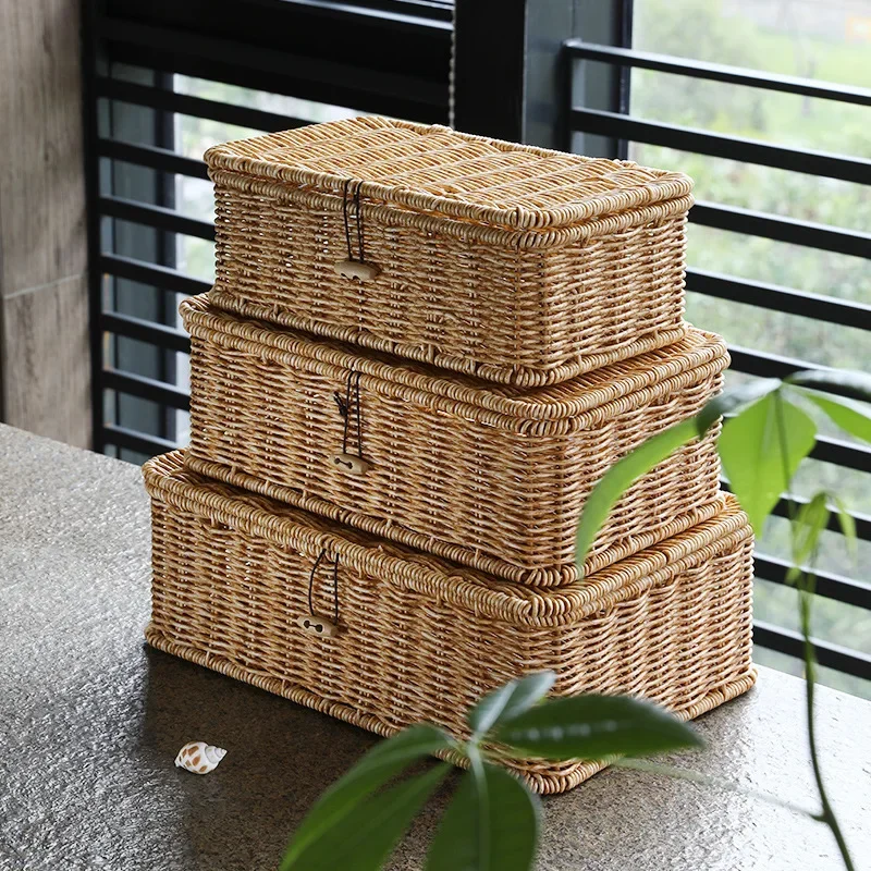 Large Storage Basket Rattan Woven Storage Box with Lid Stackable Sundries Basket Storage Organizer Toy Container Orgainzation
