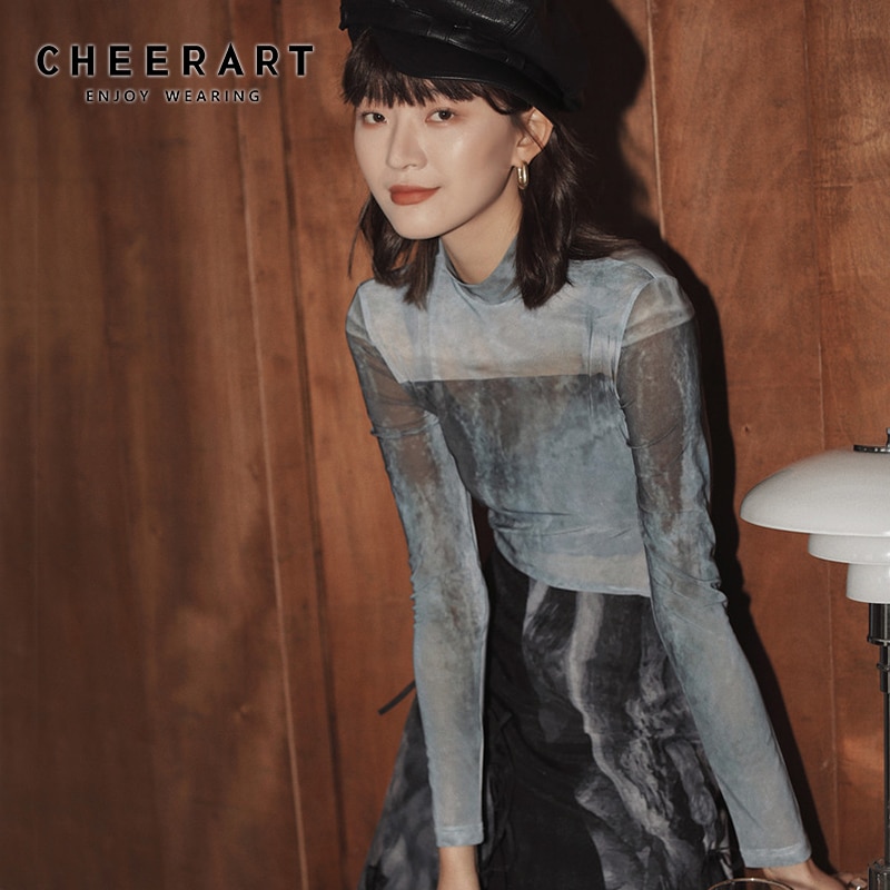 Cheerart ocean print mesh top pitkähihainen paita t -paita naiset läpikuultava top -paita esteettiset vaatteet