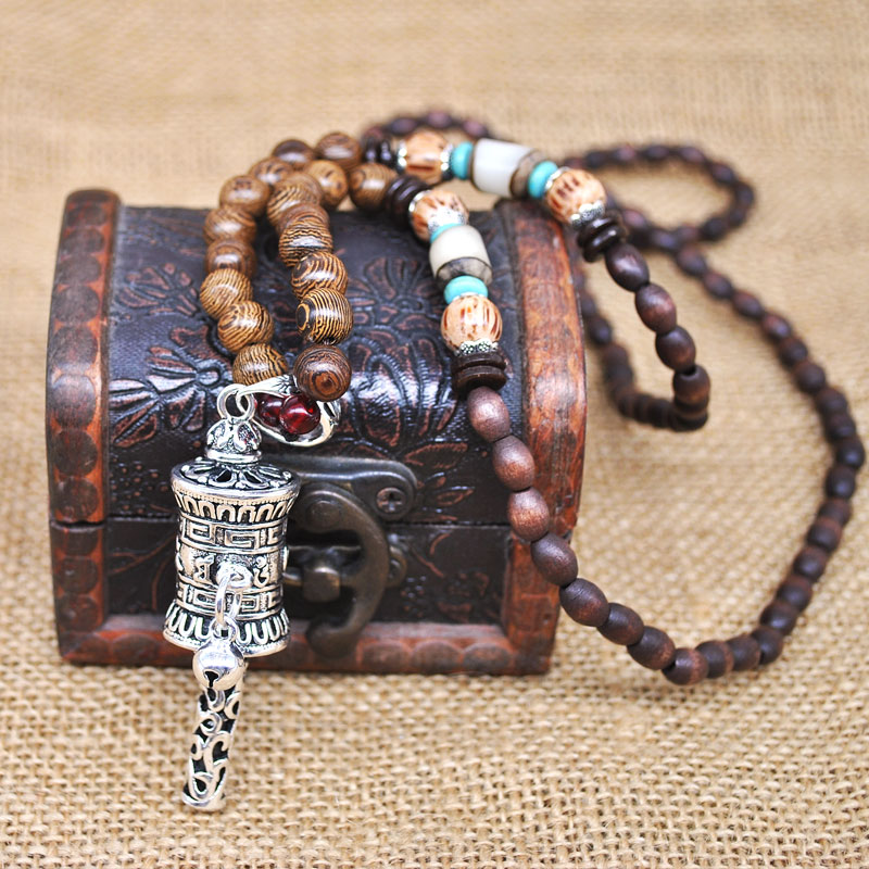 Yumfeel Handgemaakte Nepal Sieraden Boeddhistische Mala Hout Kralen Hanger Ketting Etnische Hoorn Vis Lange Verklaring Ketting Voor Vrouwen Mannen