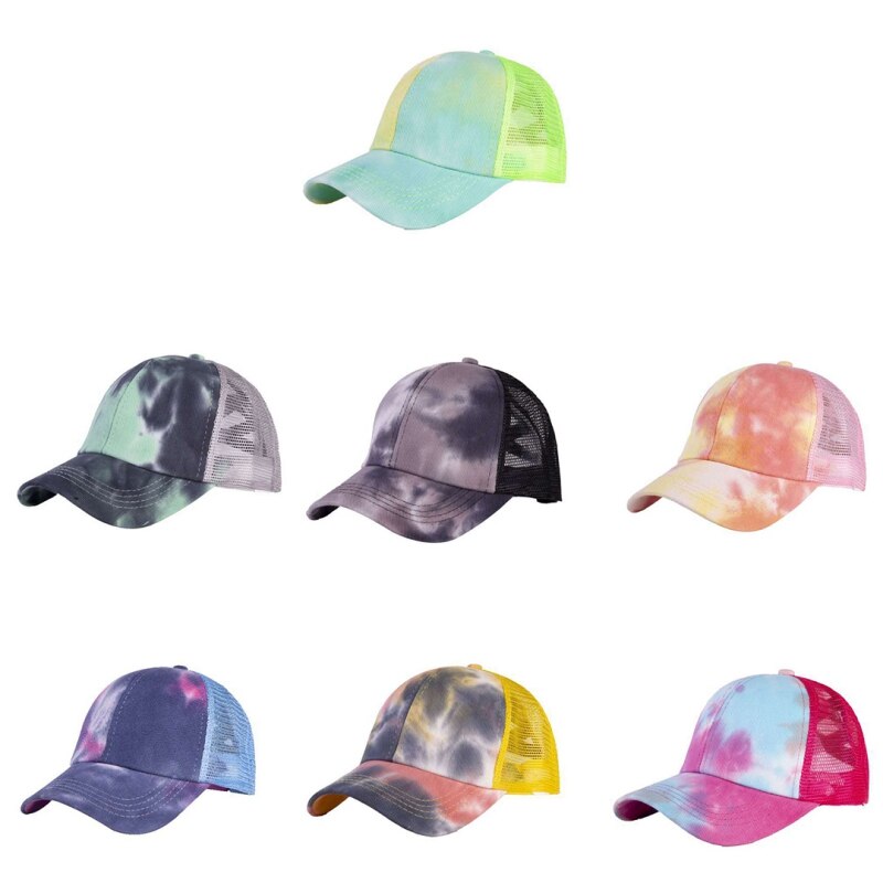 Ponytail Sport Cap Women Distressed Washed Cotton Trucker Caps Summer Snapback Hat Glitter Brim Satin Tie-dye Dad Hats