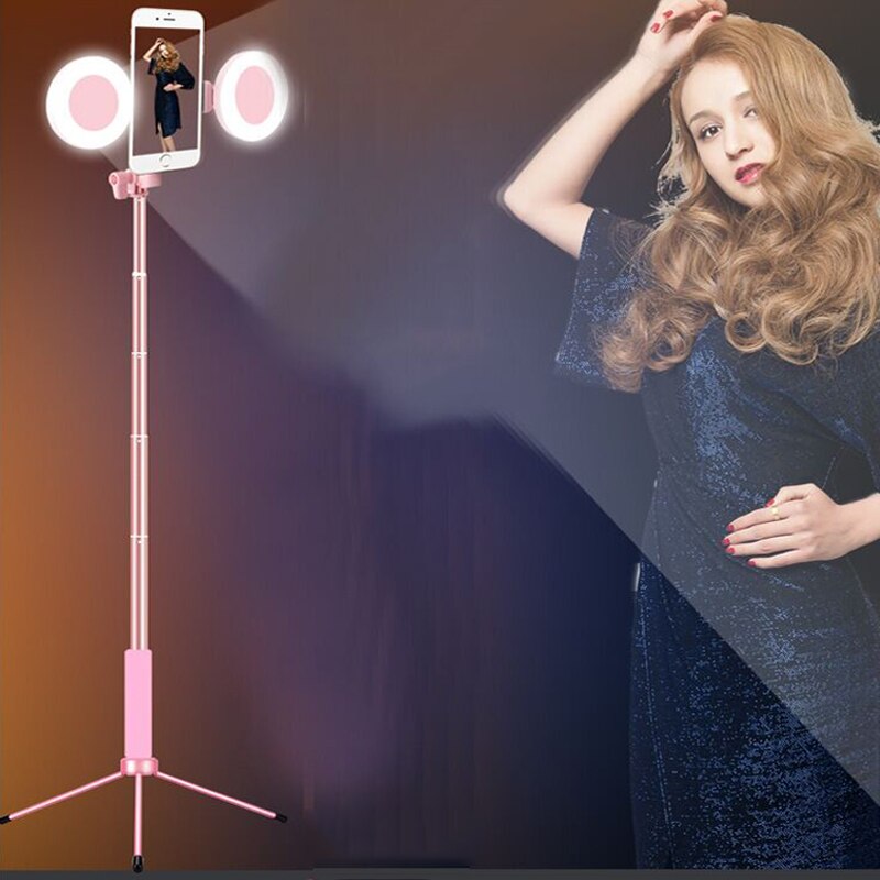 1.7m udvideligt live stativ selfie stick support ledet ringlys stativ 4 in 1 med telefonophæng til iphone  x 8 android smartphone