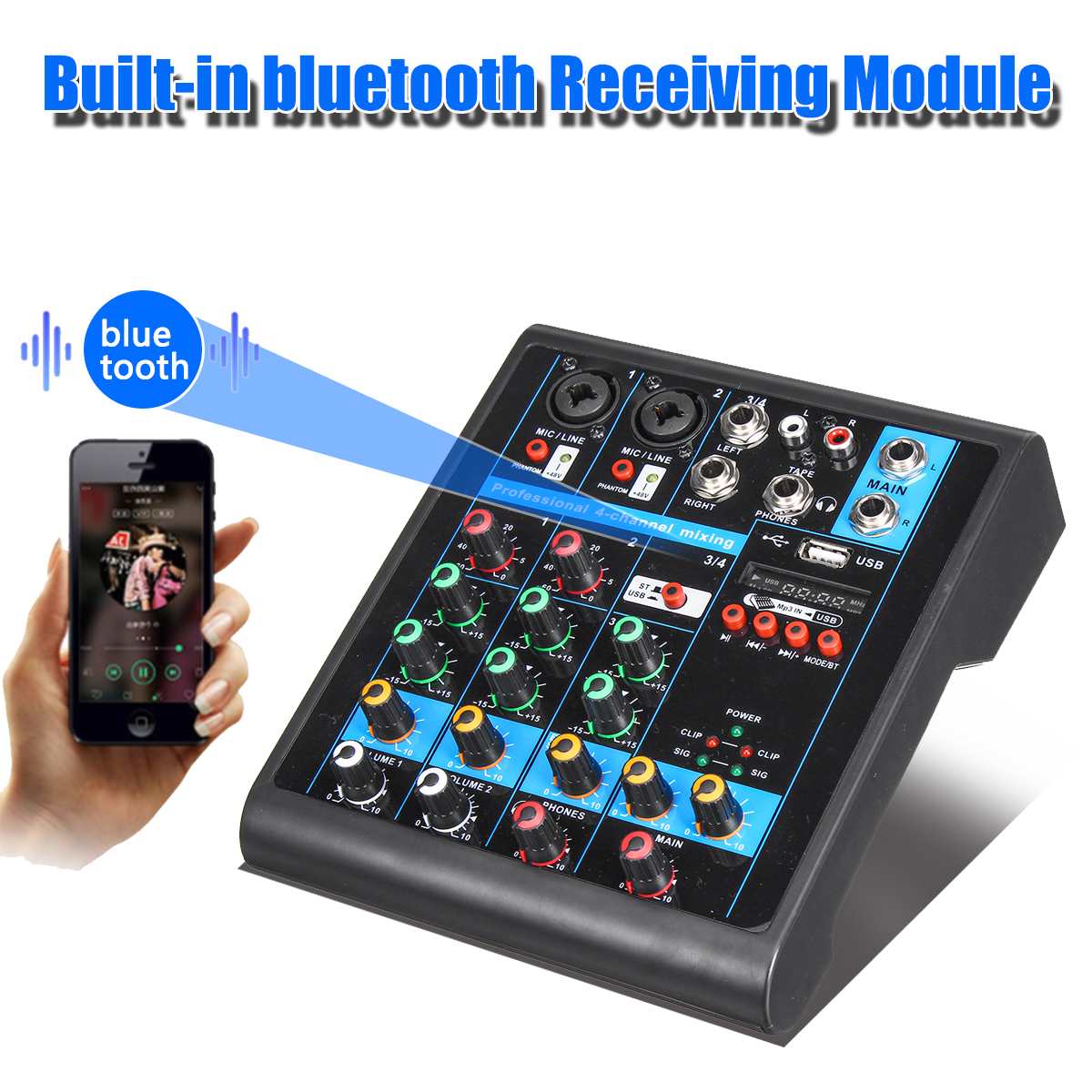 Mini Draagbare Audio Mixer Met Usb Dj Sound Mixing Console MP3 Jack 4 Channel Karaoke 48V Versterker Voor Karaoke ktv Match Party