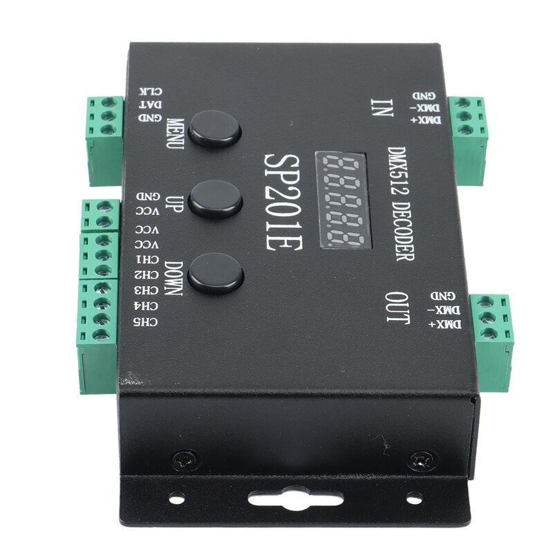 Sp201e rgb-led-pixel-streifen-controller mit dmx- 512- decoder, unterstützt 3072 kanäle und ist mit einer vielzahl von ics kompatibel.