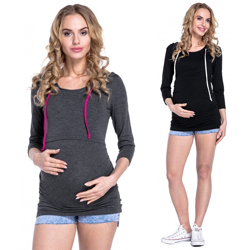 Långärmad gravid hoodie bomull gravid topp amningströja för amning höst lapptröja slim-fit t-shirt