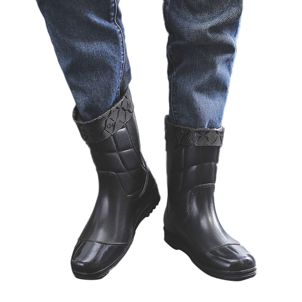 YOUYEDIAN negro fleece sólido ocio hombres de tacón bajo mantener zapatos de punta redonda impermeable medio tubo bota de lluvia # g35