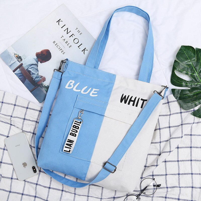 Sac en toile de grande capacité pour femmes, sac à bandoulière décontracté et assorti, sacoche à fermeture éclair pour étudiants, sac d&#39;école,: Blue-White