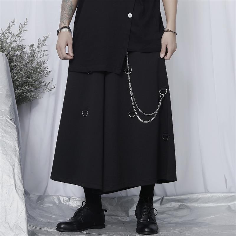 Herren Culottes Neue lässig Neun-Minute Hosen verlieren Breite Bein Hosen Yamamoto Stil dunkel Metall Kette Verziert übergroßen Culottes