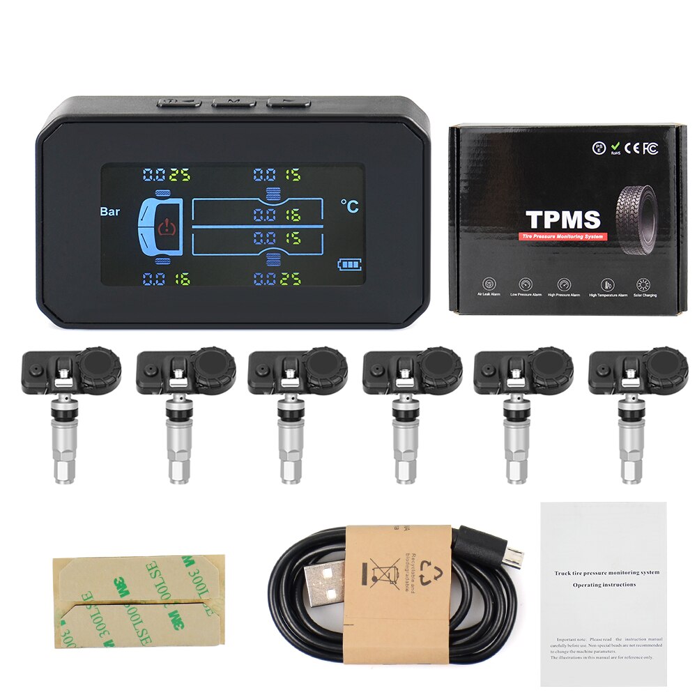 Truck TPMS Tire Pressure Monitoring System TPMS Solar Charge with 6 External Sensors Digital LCD Tyre Temperature Alarm Monitor