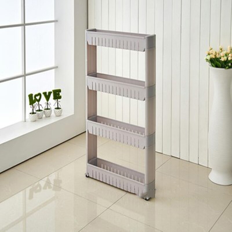 Movable Plastic Interspace Storage Rack Refrigerator Space Rack with Roller Shelves Kitchen Bathroom Strollers Interval 4-layer: gray four layers