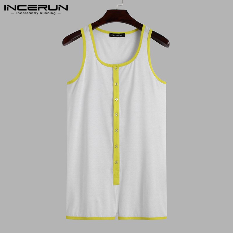 INCERUN Patchwork Onesies Casual Button Jumpsuit Sleepwear Men Sleeveless Romper Pajamas Summer Man Fitness Homewear 5XL