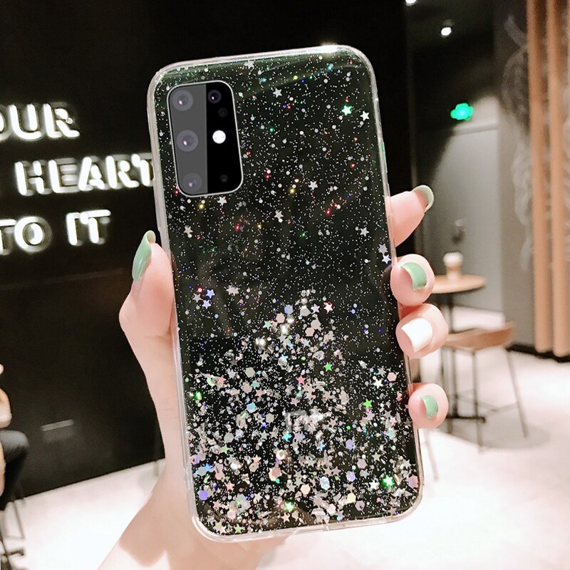 Funda brillante lentejuelas para Samsung S20 Ultra Plus A51 A71 A81 A91 A10S A20S epoxi Star funda transparente suave TPU: For Galaxy S20 Plus / Black