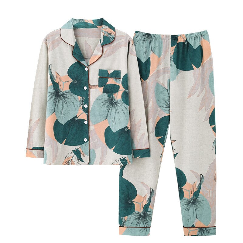 Pijama feminino verão fino algodão manga comprida solto-ajuste casual homewear conjunto