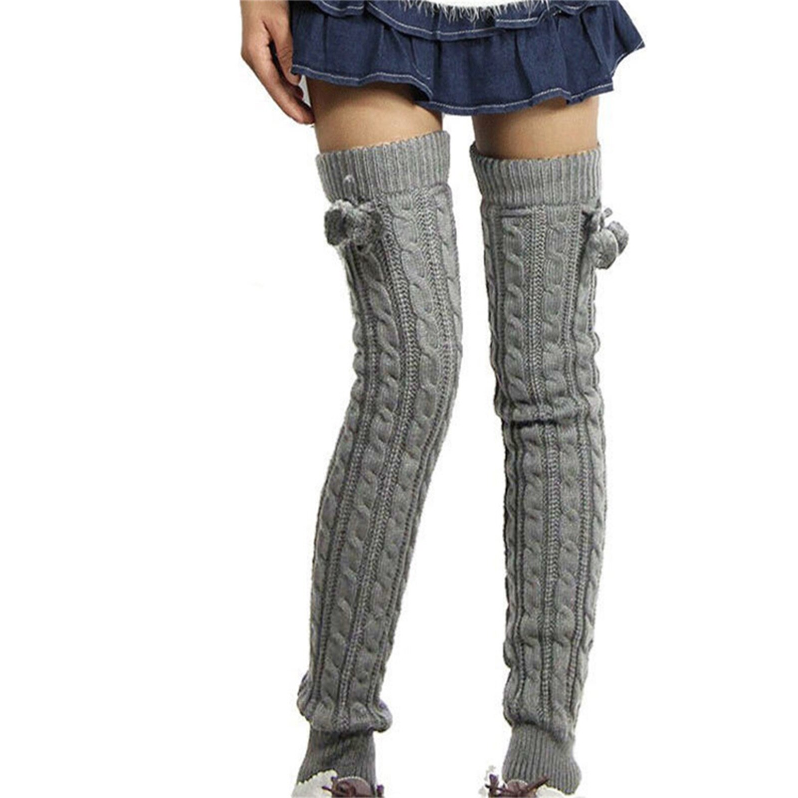 Calentadores de piernas para niña y mujer, medias de punto de Color sólido Lolita, dulce cubierta de pie, Bola de Pelo, calentador de piernas, calcetín de montón: Gris