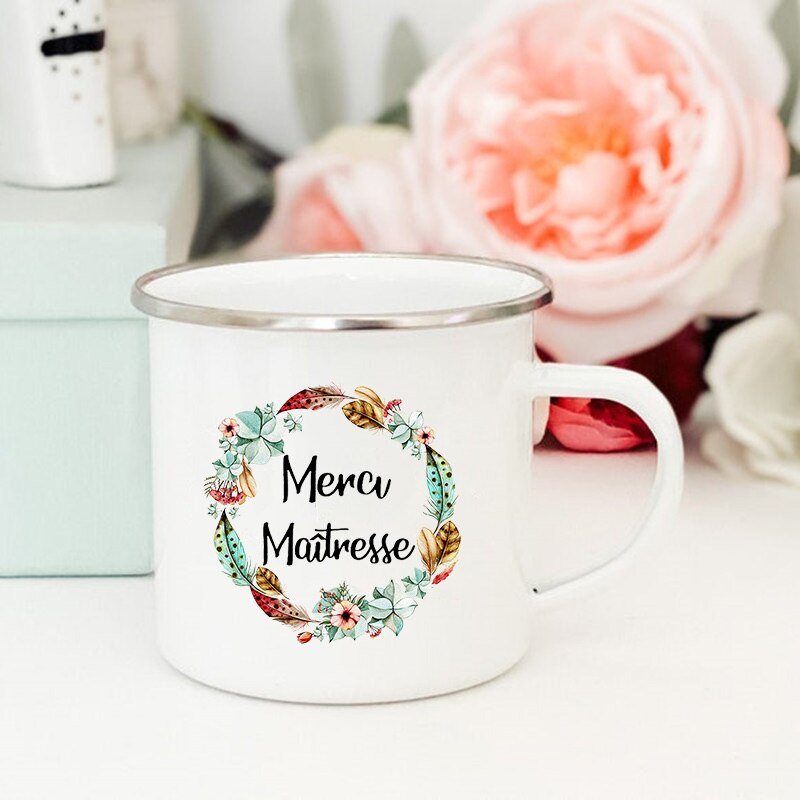 Tasses à café et thé à imprimé de fleurs françaises, créatives, pour boissons, eau et lait, en émail, poignée d&#39;école, maison, verres, pour enseignants: XH1733-A015WH-8