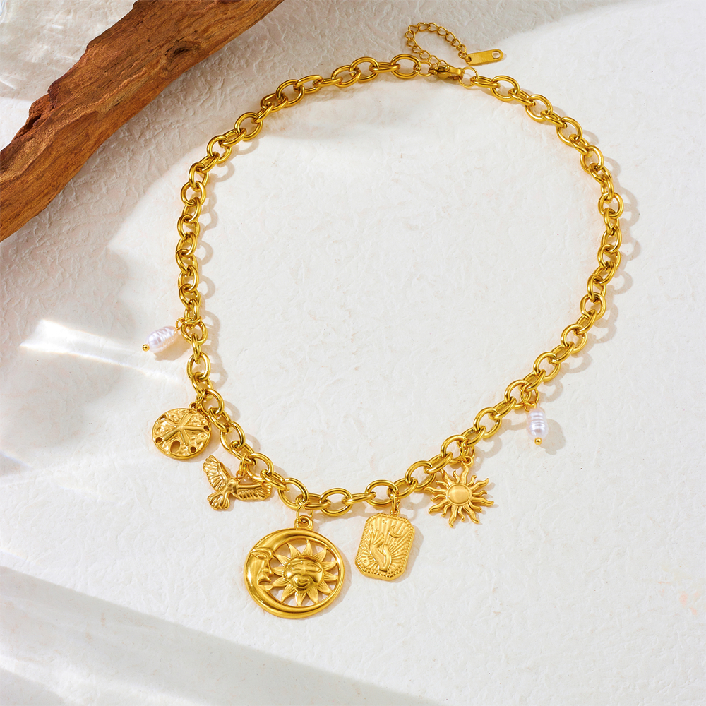 DIEYURO 316L Acero inoxidable perla dorada sol Luna colgante redondo collar para mujer nueva tendencia cuello cadena joyería