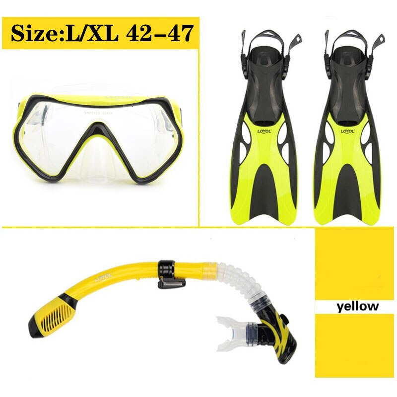 Duikbril Volwassen Duiken Vinnen Set Professionele Zwemmen Bril Waterdichte Bril Mannen Vrouwen Buis Scuba Snorkelen Flipper: Yellow Size L XL