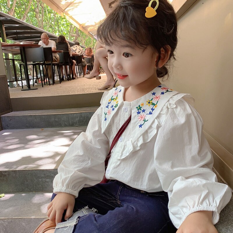 Meisjes Shirt Borduren Grote Kraag Lange Mouwen Top Kant Stiksels Lange Mouwen Shirt 2022 Lente Casual Kinderkleding