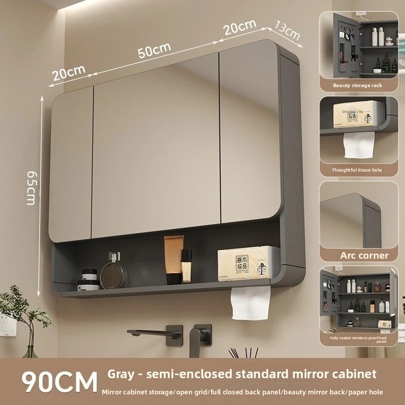 LED Bathroom Mirror Cabinet Anti Fog Wall Mounted Storage Mirror Carbon Fiber Rounded Corner Makeup Mirror: SKY BLUE