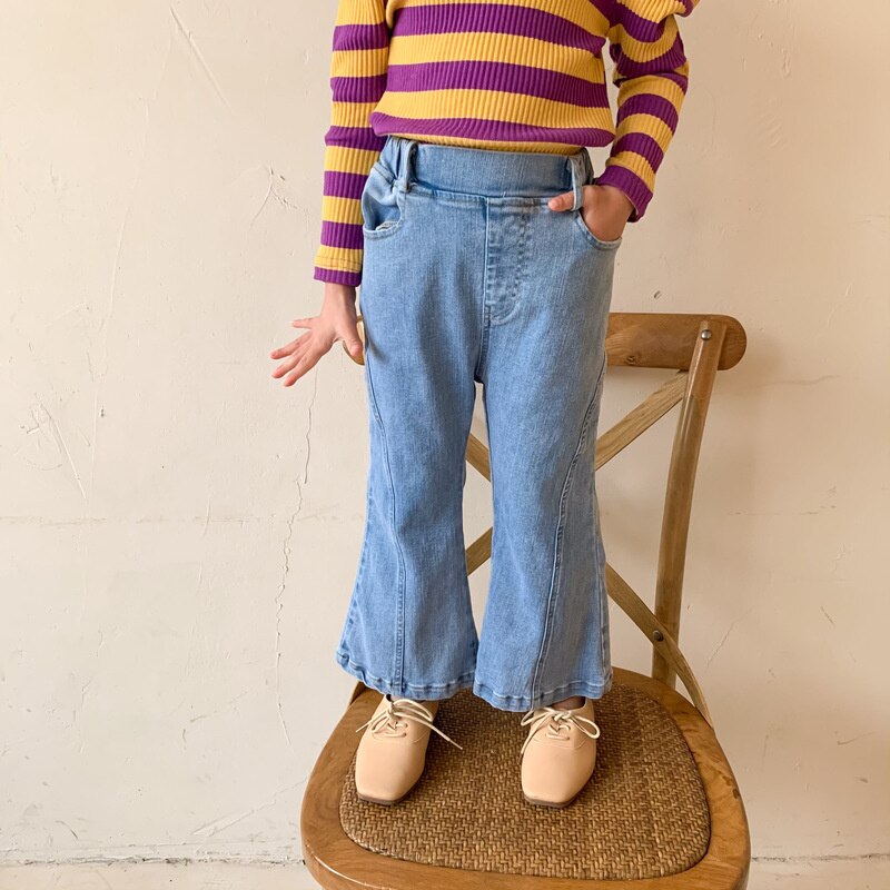 Primavera 2021 moda casual pantaloni svasati in denim per bambini ragazze brevi jeans tinta unita con taglio a stivale: 12m