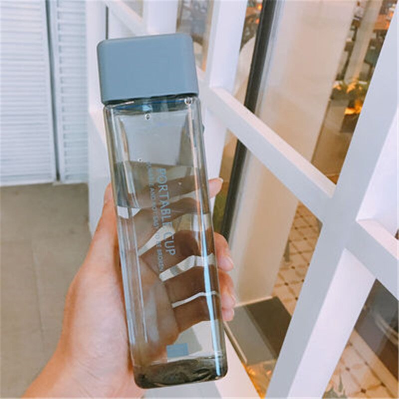 Cute Square Plastic Water Bottles BPA Free Transparent Frosted Outdoor Portable Camping Hiking Tour Drinking Bottle Water