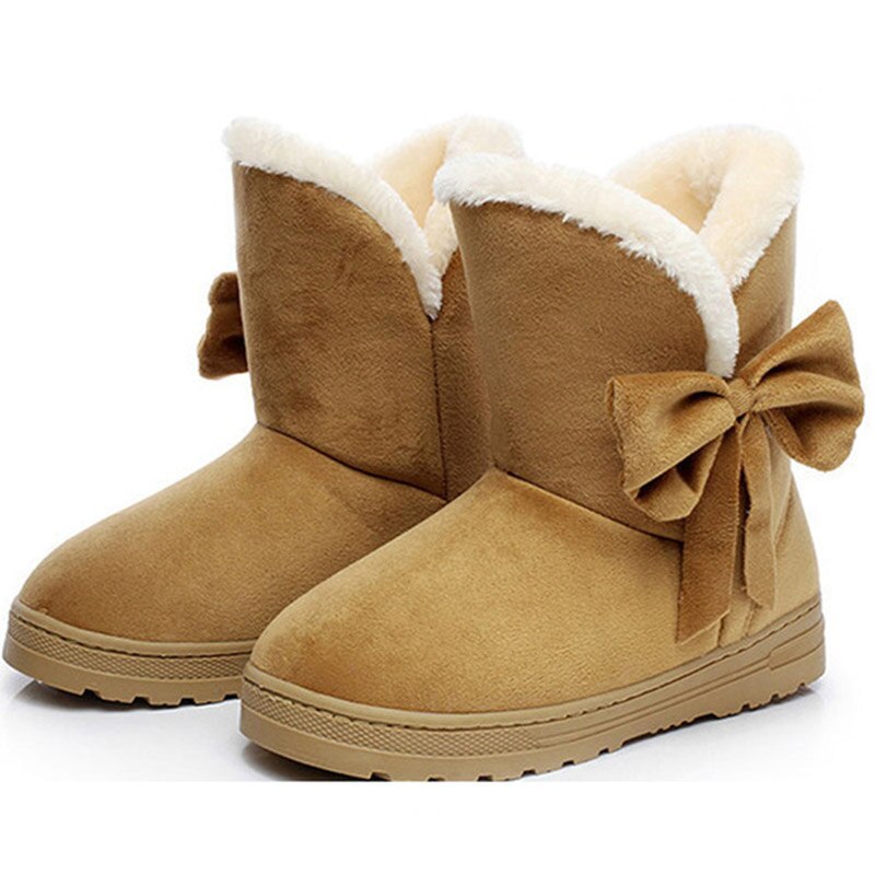 femmes bottes de neige hiver fourrure bottines femme noeud papillon plus en peluche daim caoutchouc plat sans lacet plate-forme dames chaussures: Marron / (43-44)