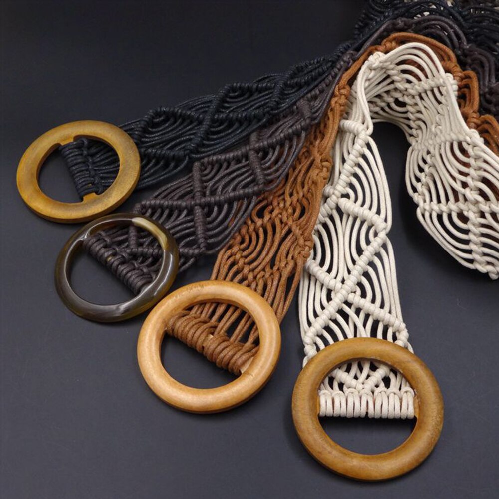 Boho stil voks reb strikket bælte rundt træspænde håndlavet flettet kvindelig linning afslappet taljebælte til kvinder