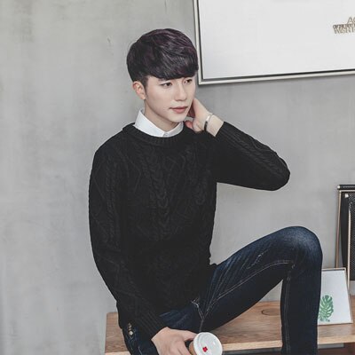 Casual vintergensere herre ensfarget rund hals slim fit elastisk strikket genser herre genser herre varm genser homme: Svart / M