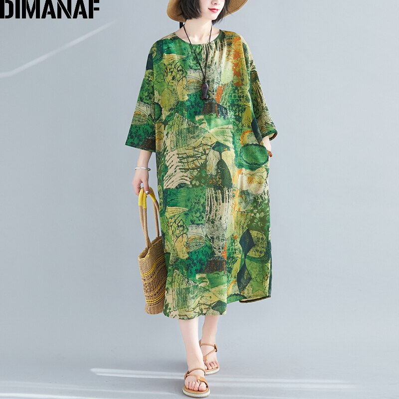 DIMANAF vestido de verano con estampado de gran tamaño, vestido veraniego para mujer, ropa de playa, Vestidos elegantes para mujer, Vestidos de algodón, Casual, suelto, de talla grande